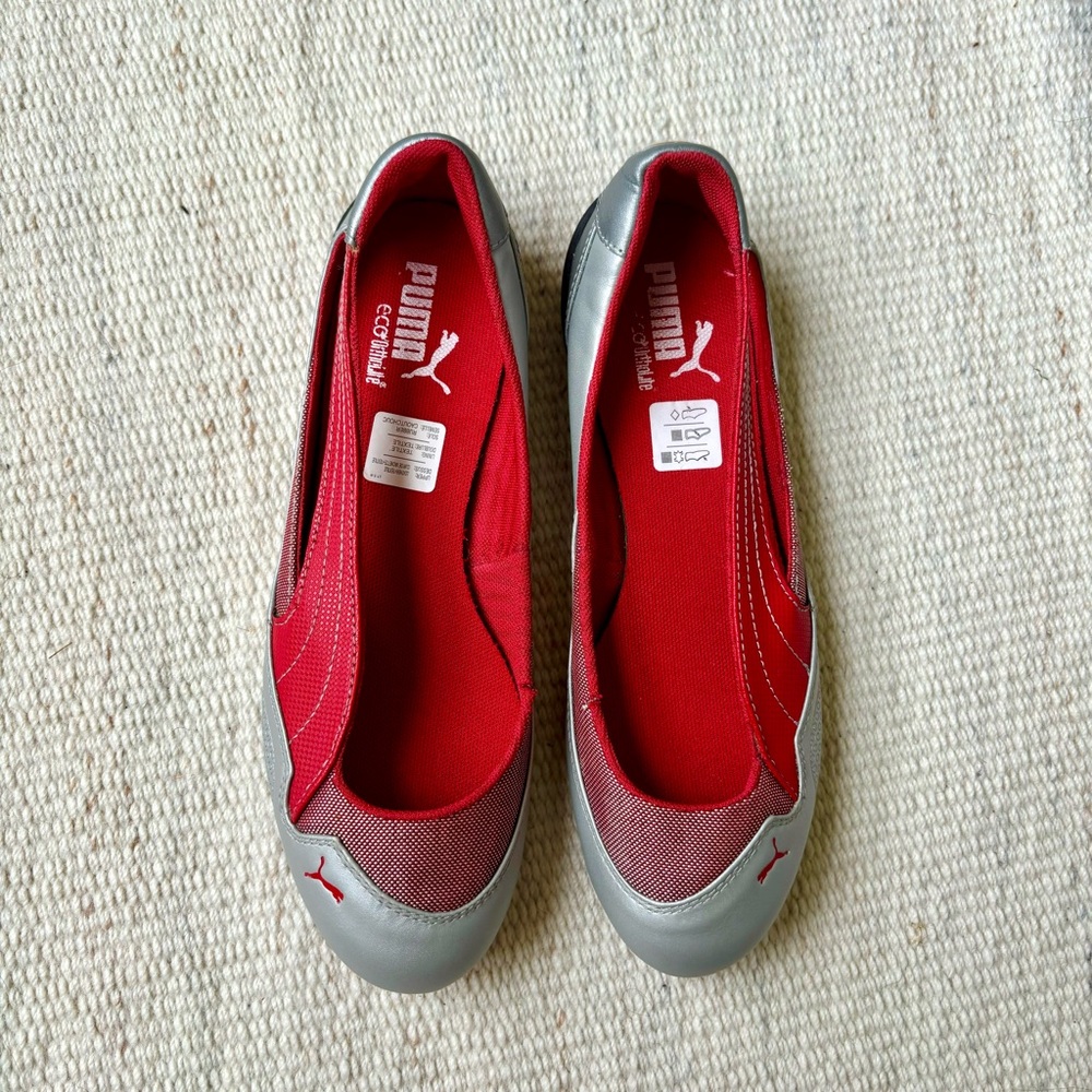 Silver and red puma ballet flats